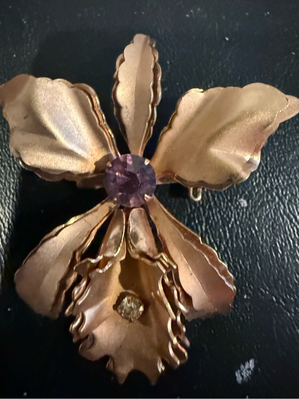 Vintage Gold-Tone Floral Brooch with Purple and Clear Stones